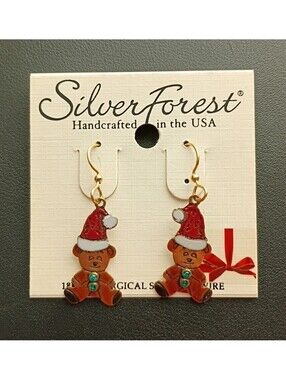 Silver Forest Teddy Bear Drop Earrings Christmas Santa Hat Rhinestone Enamel
